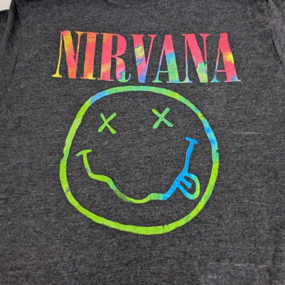 Nirvana Classic Smiley Face Logo Tie Dye Twist Grey Tee Shirt Top Medium. 14 - Picture 2 of 6